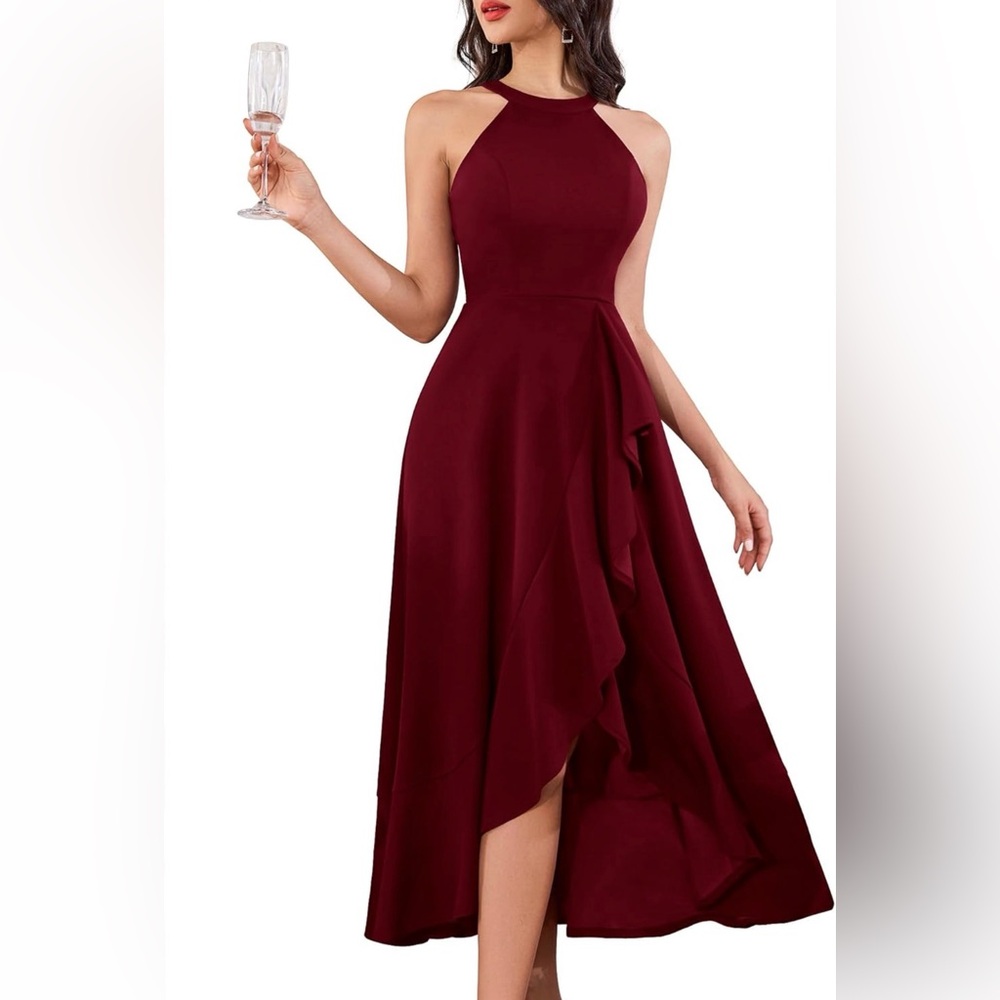 Halter Slit Ruffle Wedding Guest Elegant Maxi Long Formal Prom Cocktail Dress M